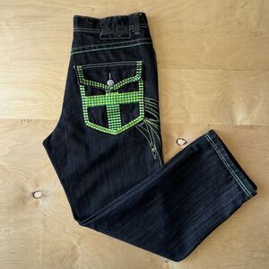 Vintage Jeans 33 Black Green Baggy Denim Skater Punk Grunge